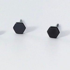 A Pair Black Silver Hexagon Stud Earring-SS012 Black 5.5mm